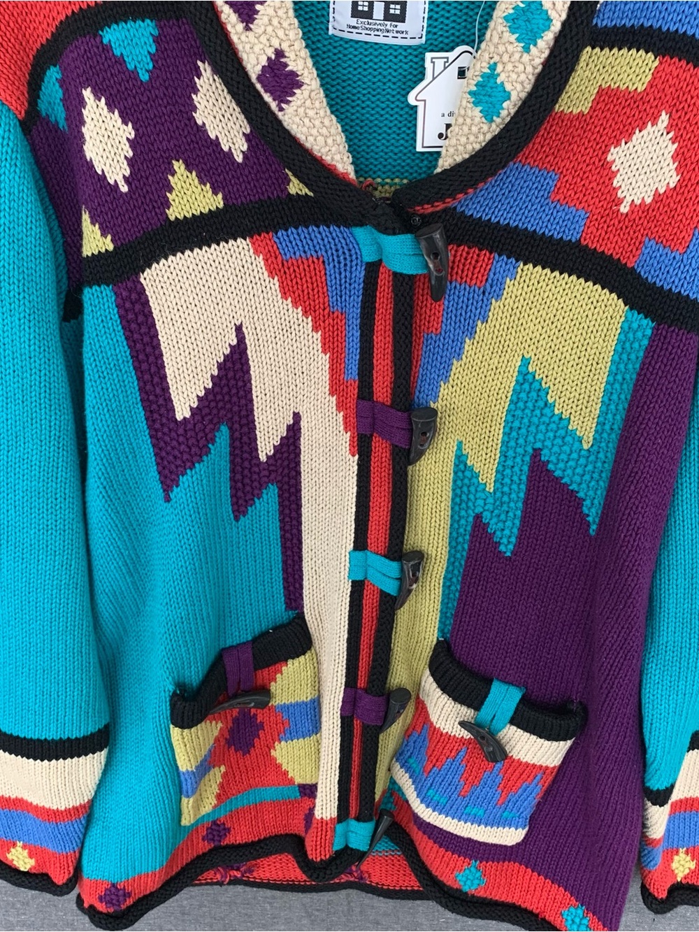 🆕 Handknits Storybook Knits Geometric Button Up Cardigan Sweater Aztec Boho - Picture 2 of 14